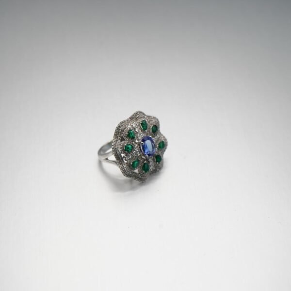 Floral Elegance Sapphire & Emerald Diamond Ring - Image 3